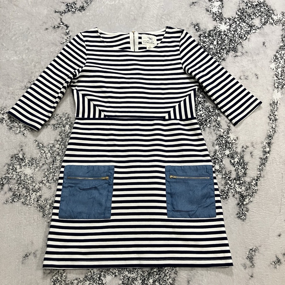 Tabitha Navy White Striped Dress 3/4 Sleeve Chambray Zip‎ Pocket Size 8